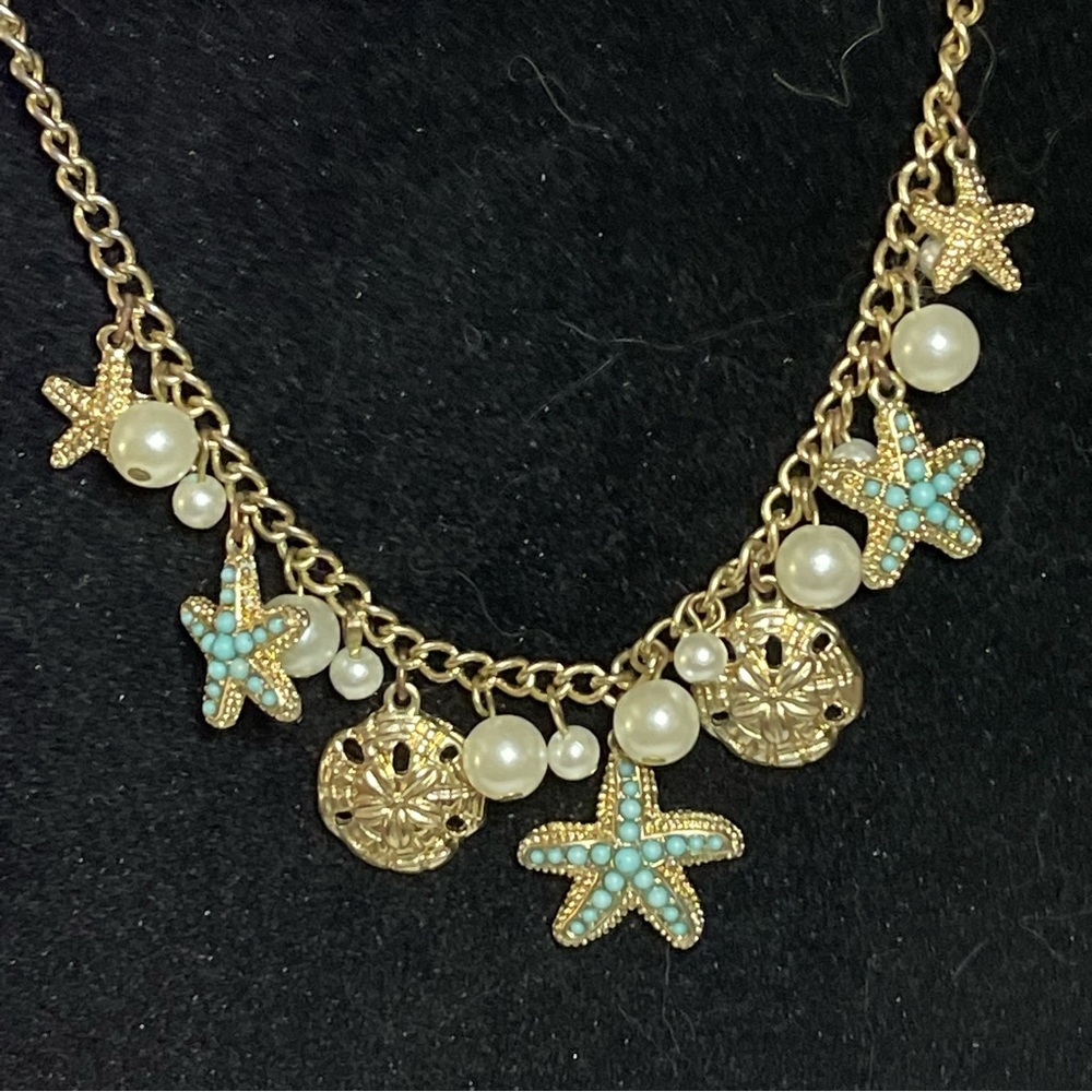 Vintage Beach Natural Blue Turquoise Starfish Shell Gold Pearl Charm Necklace - Picture 9 of 11
